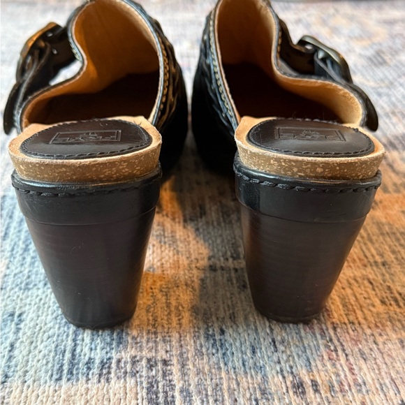 Frye Candice Black Leather Heels Mules Clogs Braided Strap with Buckle - Picture 9 of 10